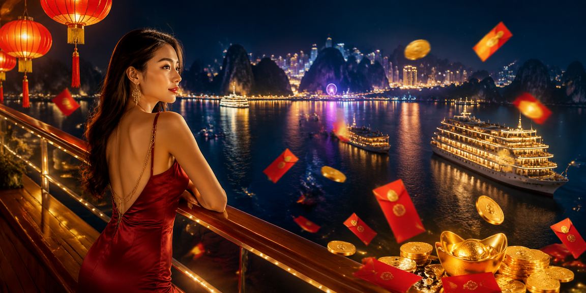 Vịnh Hạ Long về đêm với đèn lồng đỏ và phong bao lì xì – không khí lễ hội mừng thưởng sôi động