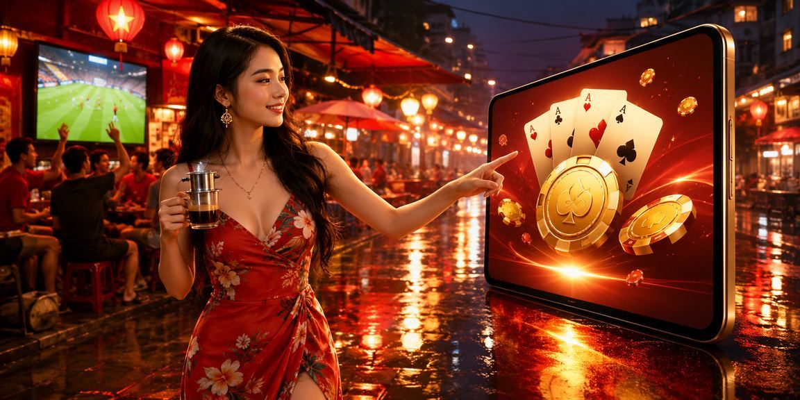 Người chơi Việt Nam thư giãn tại quán cà phê Hà Nội với điện thoại và ly cà phê